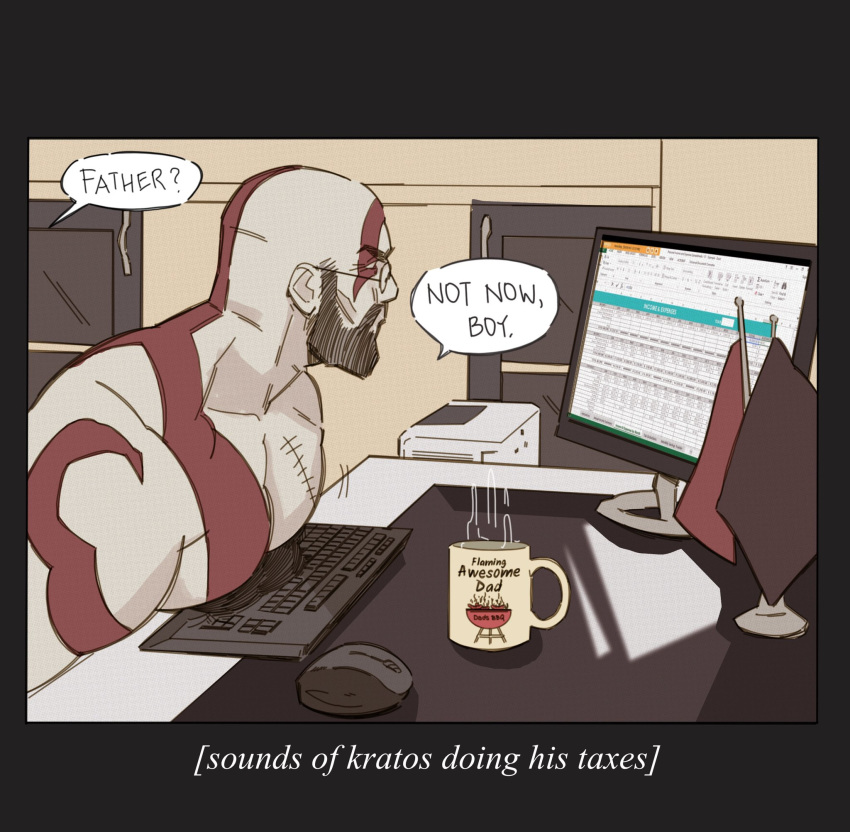 1boy bald bara beard bespectacled bouncing_pecs chest_tattoo coffee_mug cup dilfborne_(ventiskull) english_text facial_hair from_side frown glasses god_of_war highres keyboard_(computer) kratos male_focus mature_male meme monitor motion_lines mouse_(computer) mug muscular muscular_male pale_skin parody pectoral_press pectoral_typing_(meme) pectorals round_eyewear solo tattoo topless_male upper_body