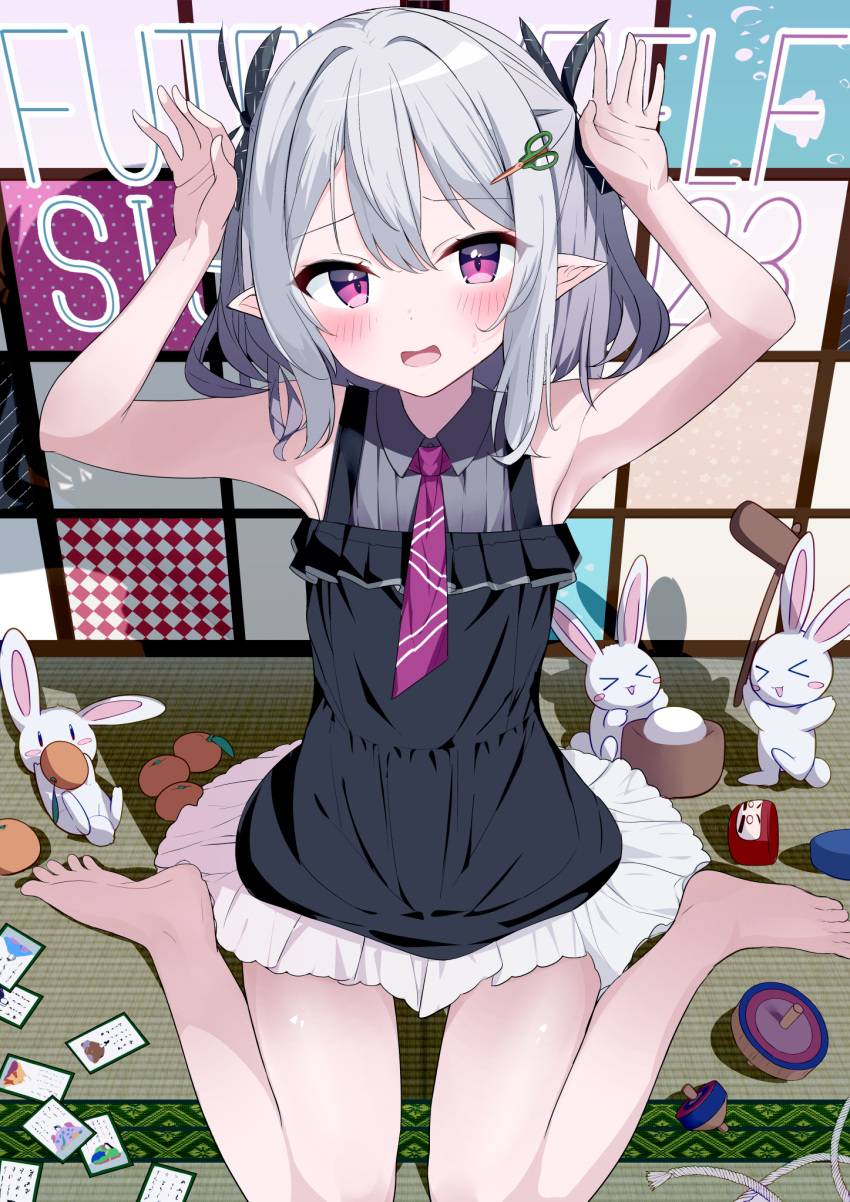 &gt;_&lt; 1girl :d armpits bangs bare_arms bare_shoulders barefoot black_dress blush chinese_zodiac closed_eyes collared_shirt commentary_request dress food frilled_dress frills grey_hair grey_shirt hair_between_eyes highres kine looking_at_viewer mallet mochi mochitsuki mortar necktie odeclea open_mouth original pointy_ears purple_eyes purple_necktie rabbit scissors_hair_ornament shirt sitting sleeveless sleeveless_dress sleeveless_shirt smile solo spinning_top wariza xd year_of_the_rabbit
