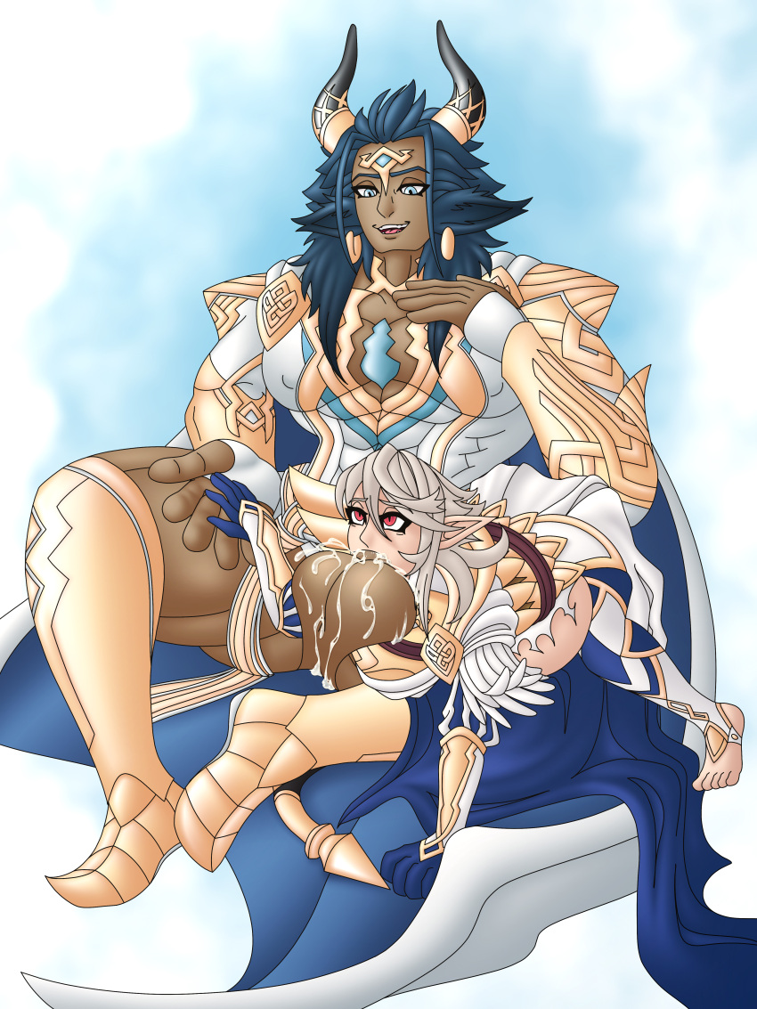absurd_res ahegarou armor askr_(fire_emblem) balls big_balls big_dom_small_sub big_penis blue_eyes blue_hair bodily_fluids bottomwear cape clothing corrin_(fire_emblem) corrin_(fire_emblem)_(male) cum cum_from_mouth cum_in_mouth cum_inflation cum_inside dominant duo ear_piercing ear_ring fellatio fluffy_ears foreskin genital_fluids genitals girly hair hi_res horn huge_balls humanoid hyper inflation large_pecs large_penetration larger_male loincloth male male/male muscular muscular_male oral pecs penetration penile penis piercing ring_piercing sex size_difference smaller_male struggling_to_fit tail torn_clothing