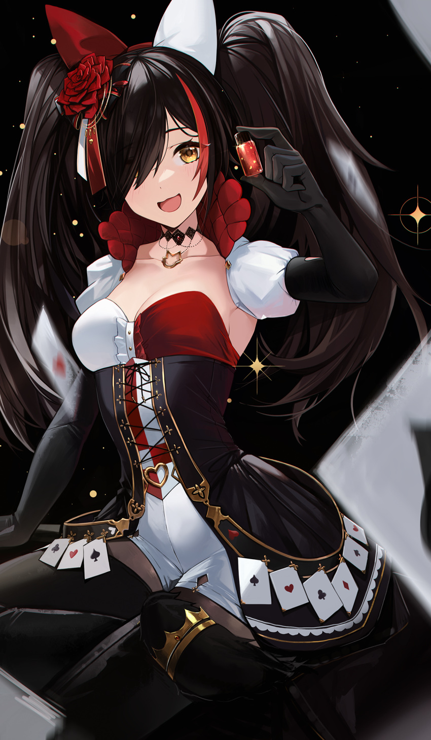 1girl :d animal_ears anizi arm_support asymmetrical_bangs bangs black_gloves black_hair black_pantyhose black_thighhighs boots breasts choker cleavage detached_sleeves dress ear_covers elbow_gloves flower gloves hair_flower hair_ornament hair_over_one_eye highres holding hololive jewelry juliet_sleeves long_hair long_sleeves looking_at_viewer medium_breasts multicolored_hair necklace official_alternate_costume official_alternate_hairstyle ookami_mio open_mouth pantyhose puffy_sleeves red_flower red_hair red_rose rose smile solo strapless strapless_dress streaked_hair tail tail_around_leg tail_crown tail_ornament tail_wrap thigh_boots thighhighs twintails underbust virtual_youtuber wolf_ears wolf_girl wolf_tail yellow_eyes