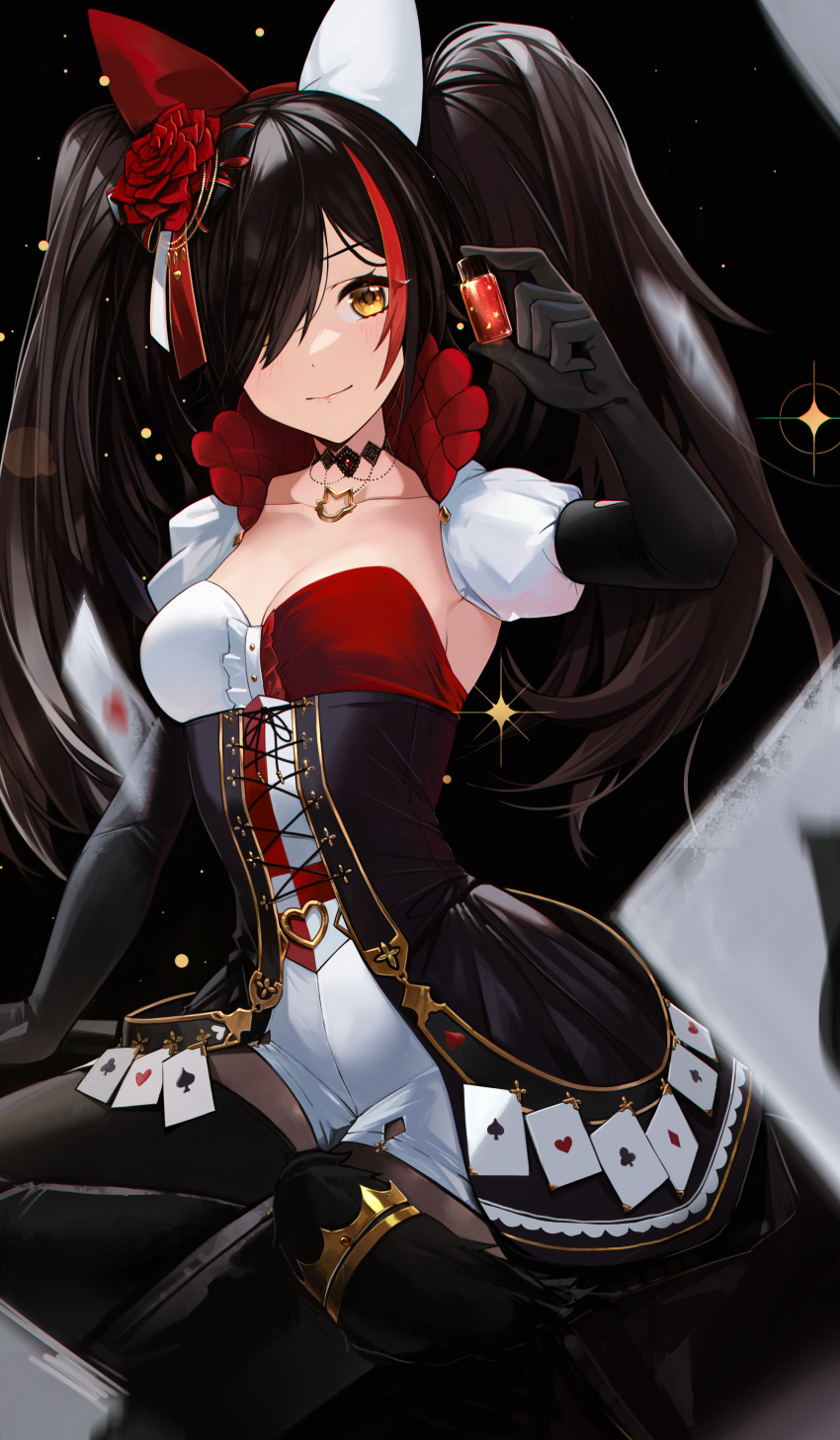 &gt;:) 1girl absurdres animal_ears anizi arm_support asymmetrical_bangs bangs black_gloves black_hair black_pantyhose black_thighhighs boots breasts choker cleavage closed_mouth detached_sleeves dress ear_covers elbow_gloves flower gloves hair_flower hair_ornament hair_over_one_eye highres holding hololive jewelry juliet_sleeves long_hair long_sleeves looking_at_viewer medium_breasts multicolored_hair necklace official_alternate_costume official_alternate_hairstyle ookami_mio pantyhose puffy_sleeves red_flower red_hair red_rose rose smile solo strapless strapless_dress streaked_hair tail tail_around_leg tail_crown tail_ornament tail_wrap thigh_boots thighhighs twintails underbust v-shaped_eyebrows virtual_youtuber wolf_ears wolf_girl wolf_tail yellow_eyes