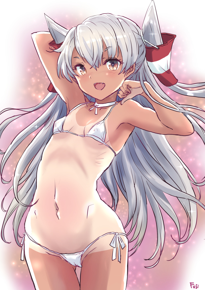 1girl amatsukaze_(kancolle) artist_name ass_visible_through_thighs bikini breasts brown_eyes choker commentary_request cowboy_shot fuji_(pixiv24804665) grey_hair hair_tubes highres kanon long_hair micro_bikini navel one-piece_tan ribs side-tie_bikini_bottom small_breasts solo standing swimsuit tan tanlines two_side_up white_bikini white_choker