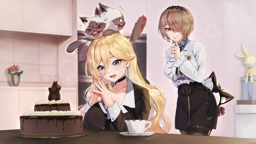2girls :d afterimage animal_ears arm_behind_back bangs bell bianka_durandal_ataegina black_choker black_gloves black_hairband black_pantyhose black_shirt black_skirt blonde_hair blue_eyes blurry blurry_background blush breasts brown_hair buttons cake cat_ears center_frills choker closed_mouth collarbone collared_shirt commentary_request cup earrings eyelashes fake_animal_ears fangs finger_to_mouth flower food frilled_sleeves frills gloves hair_between_eyes hair_over_one_eye hairband hand_up hands_up highres holding_hairband homu_(honkai_impact) honkai_(series) honkai_impact_3rd index_finger_raised indoors jewelry jingle_bell large_breasts light_particles long_hair long_sleeves miro mole mole_under_eye motion_lines multiple_girls one_eye_covered open_mouth own_hands_together pantyhose parted_bangs red_eyes red_ribbon ribbon rita_rossweisse saucer shirt shirt_tucked_in short_hair shushing sidelocks single_glove sitting skirt sleeve_cuffs smile stan_(honkai_impact) standing swept_bangs table teacup thigh_strap tray upper_body wavy_hair white_shirt wing_collar zipper