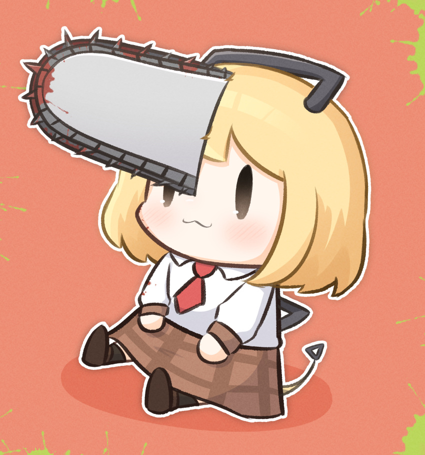 1girl :3 blonde_hair blood blush bob_cut brown_footwear chainsaw chainsaw_man chibi collared_shirt english_commentary fusion hand_on_lap handle highres hololive hololive_english light_blush long_sleeves looking_up moon_ldl necktie plaid plaid_skirt pochita_(chainsaw_man) pull_cord red_background red_necktie shirt short_hair short_necktie sitting skirt smol_ame solo virtual_youtuber watson_amelia white_shirt