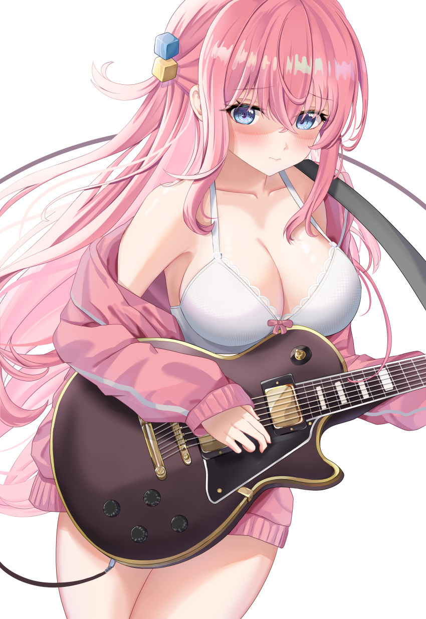 1girl absurdres bangs bare_shoulders blue_eyes blush bocchi_the_rock! bra breasts cleavage closed_mouth collarbone crossed_bangs cube_hair_ornament dokimaru electric_guitar gibson_les_paul gotou_hitori guitar hair_between_eyes hair_ornament halterneck highres holding holding_instrument instrument jacket large_breasts long_hair long_sleeves looking_at_viewer off_shoulder one_side_up pink_hair pink_jacket sidelocks simple_background solo track_jacket underwear white_background white_bra
