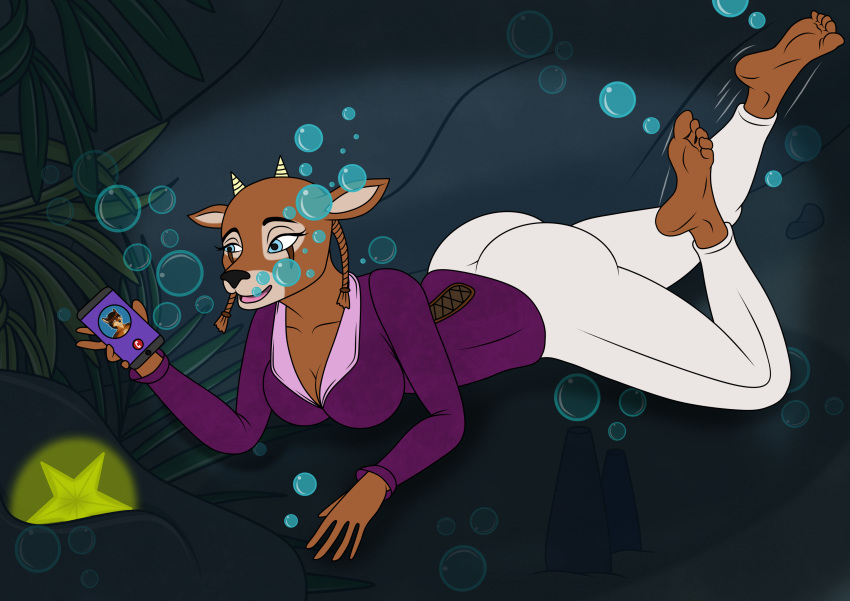 a-fitzga antelope anthro barefoot bottomwear bovid bubble cinderella cinderella_3d clothing feet female foot_fetish gazelle hi_res mammal pants phone solo star tight_bottomwear tight_clothing tight_pants underwater water