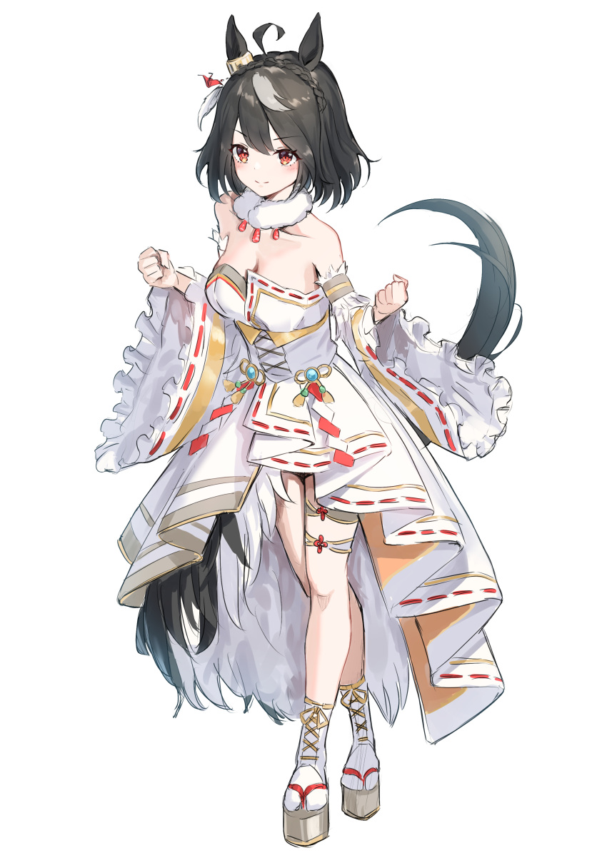1girl absurdres animal_ears bare_shoulders black_hair breasts cleavage clenched_hands closed_mouth detached_sleeves dress full_body highres horse_ears horse_girl horse_tail kitasan_black_(jubilant_star_auspicious_crane)_(umamusume) kitasan_black_(umamusume) looking_at_viewer medium_breasts multicolored_hair official_alternate_costume short_hair simple_background smile solo streaked_hair tabi tail tem_(tempainting1) umamusume white_background white_dress white_hair white_sleeves wide_sleeves