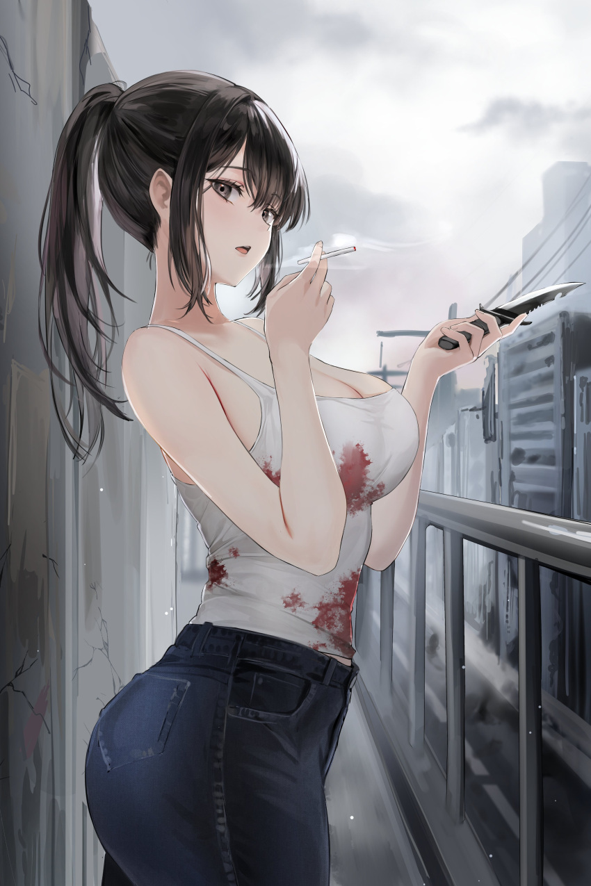 1girl absurdres arm_up ass bangs black_eyes black_hair blood blood_stain breasts brown_hair building camisole cigarette cleavage cloud denim from_side grey_sky hands_up highres holding holding_cigarette holding_knife holding_weapon jeans knife large_breasts lillly long_hair looking_at_viewer looking_to_the_side open_mouth original outdoors pants ponytail shirt sidelocks sky sleeveless sleeveless_shirt smoke smoking solo tank_top weapon white_camisole white_tank_top