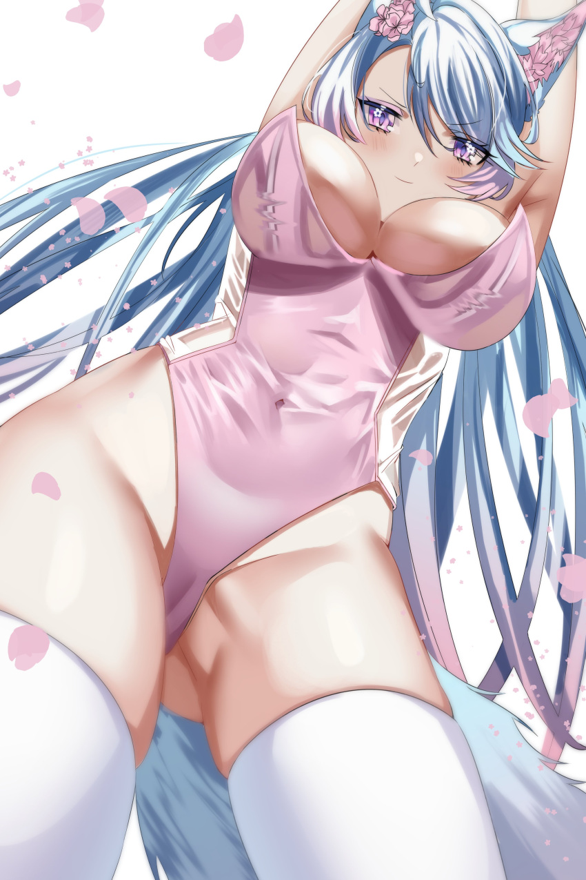 1girl absurdres animal_ear_fluff animal_ears arms_up bangs blue_eyes blue_hair breasts covered_navel english_commentary flower hair_flower hair_ornament highres large_breasts leotard long_hair looking_at_viewer lulanoon navel petals pink_hair pink_leotard playboy_bunny silvervale swept_bangs tail thighhighs virtual_youtuber vshojo white_thighhighs wolf_ears wolf_girl wolf_tail