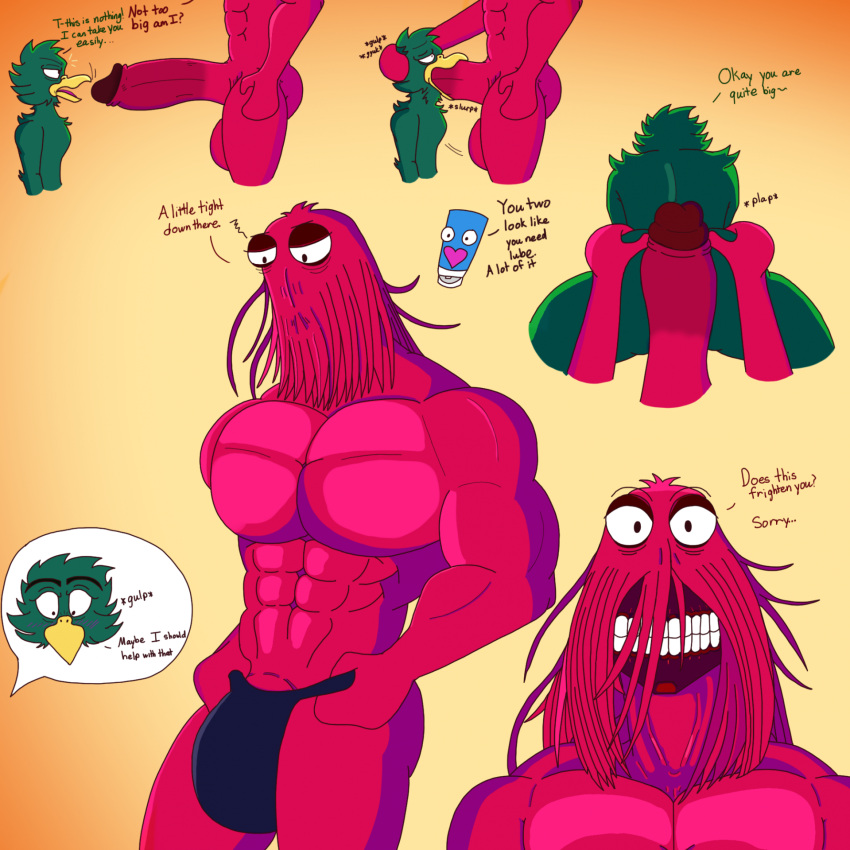 2022 abs anatid animate_inanimate anseriform anthro areola artist_name athletic athletic_humanoid athletic_male avian balls barely_visible_genitalia barely_visible_penis beak biceps big_balls big_pecs big_penis bird black_pupils blush bulge dialogue digital_drawing_(artwork) digital_media_(artwork) don't_hug_me_i'm_scared duck duck_guy_(dhmis) duo eyelashes feathers fingers fur genitals green_body green_feathers hair hi_res huge_penis humanoid hyper hyper_genitalia hyper_penis imminent_sex larger_humanoid larger_male legs_up lube_bottle male male/male muscular muscular_humanoid muscular_male nude oral pecs penis pupils red_body red_fur red_guy_(dhmis) red_hair rougetenjoname short_tail simple_background simple_eyes size_difference smaller_anthro smaller_male tail tail_feathers