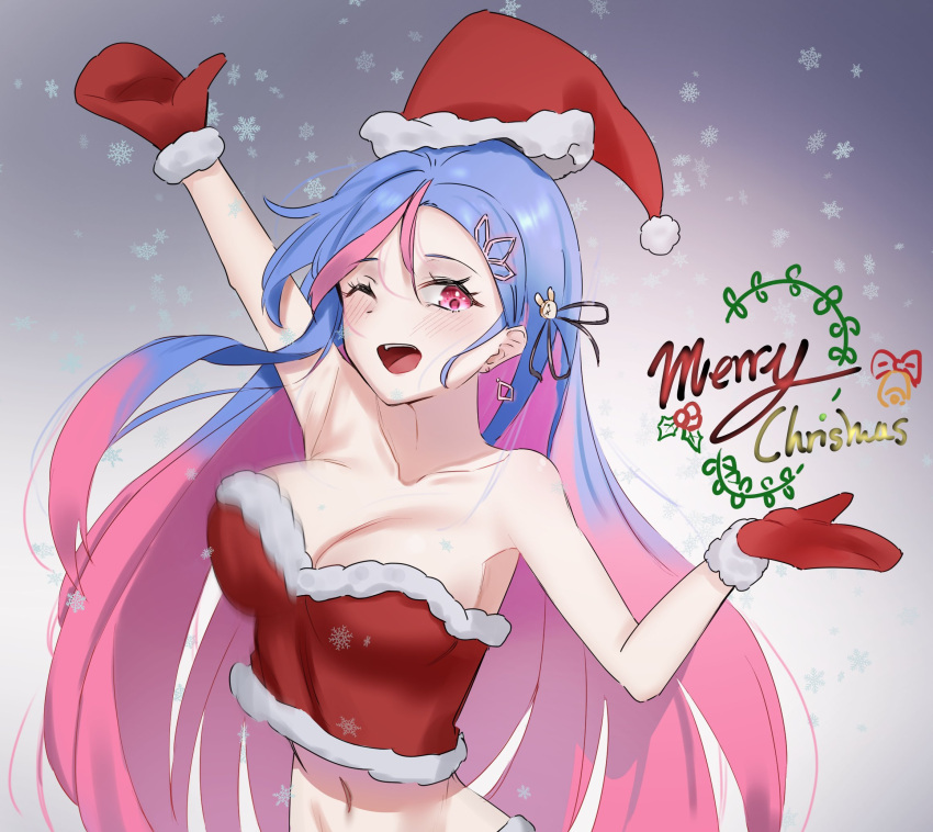 1girl ;d arm_up armpits bandeau bare_arms bare_shoulders bing_hayu breasts cleavage collarbone crop_top earrings fur_trim gloves godoaru gradient_hair hair_ornament hairclip hand_up hat highres jewelry large_breasts long_hair looking_at_viewer luvdia merry_christmas midriff motion_blur multicolored_hair navel one_eye_closed open_mouth pink_eyes pink_hair purple_hair red_gloves red_headwear santa_hat smile solo stomach strapless tube_top two-tone_hair upper_body very_long_hair virtual_youtuber
