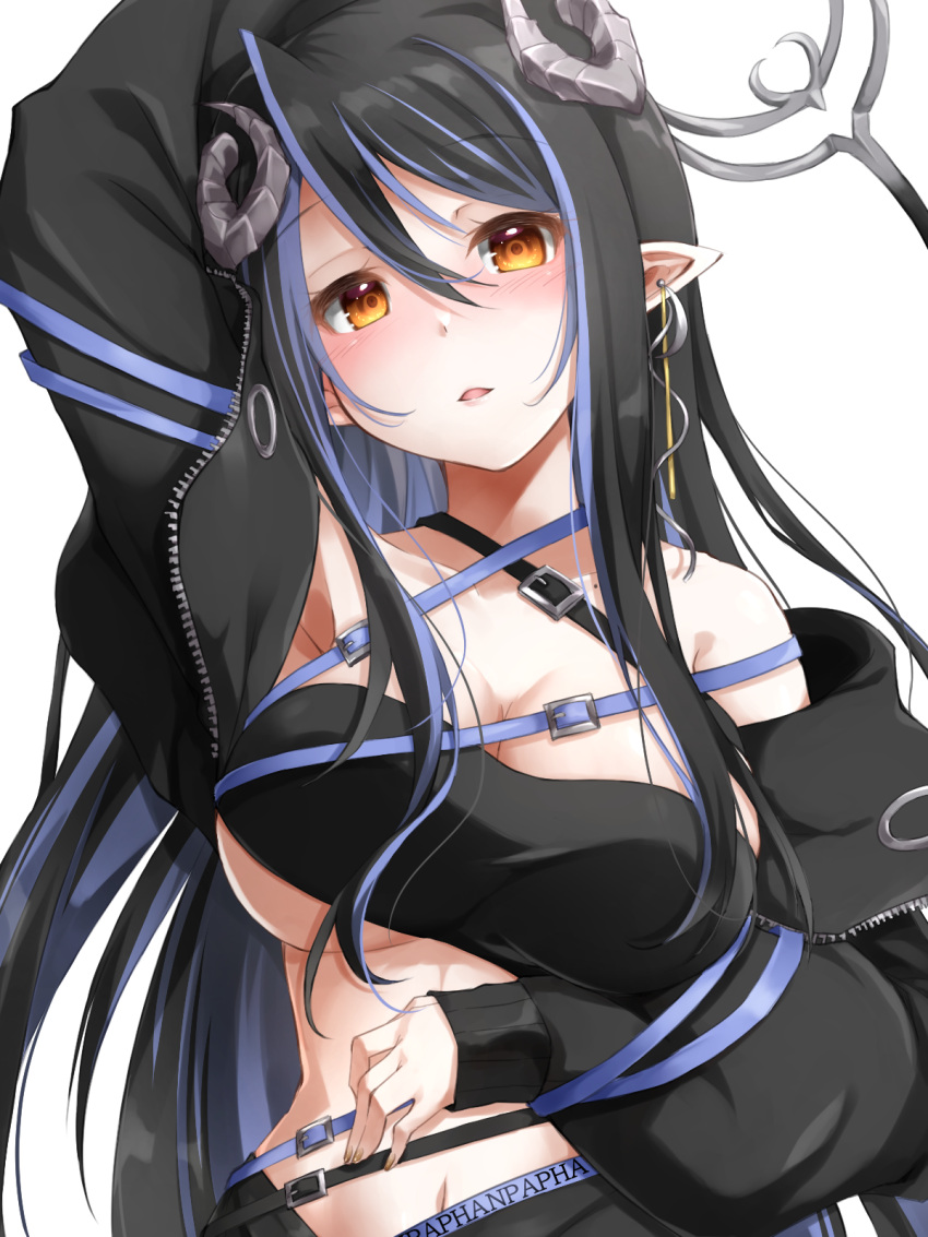 1girl 774_inc. arm_up armpits bangs belt black_bandeau black_belt black_hair black_jacket blue_belt blue_hair blush breasts brown_eyes chest_belt cleavage commentary_request curled_horns demon_girl demon_horns demon_tail fuyuno_taka grey_horns hair_between_eyes hebiyoi_tier highres horns jacket long_hair looking_at_viewer multicolored_hair navel off_shoulder open_mouth pointy_ears simple_background smile solo sugar_lyric tail transparent_background two-tone_hair underboob upper_body virtual_youtuber