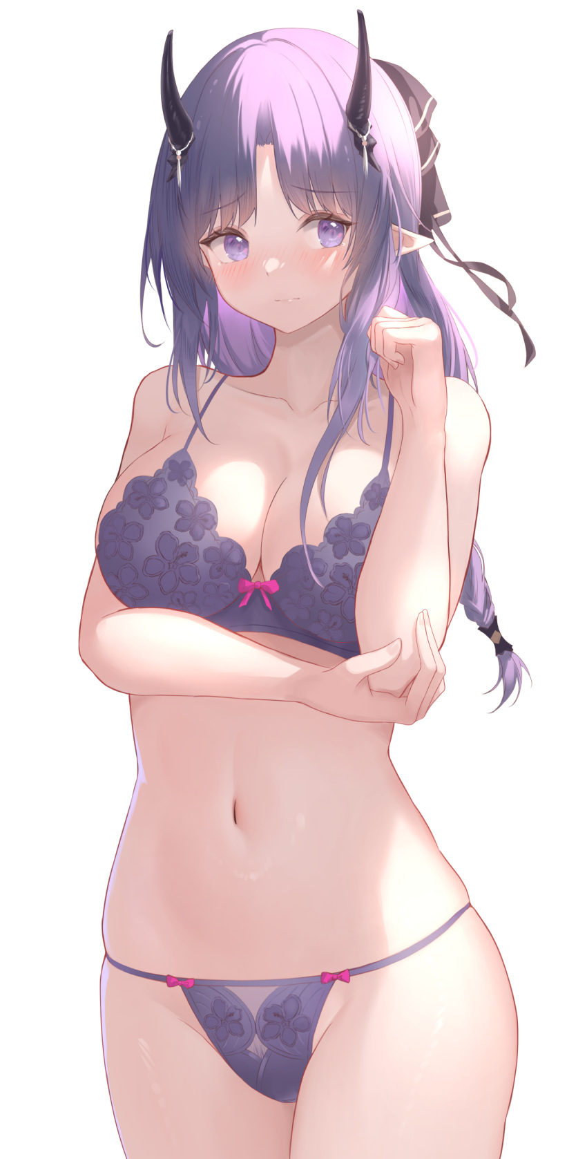 1girl absurdres arknights bangs bare_arms bare_shoulders black_ribbon blush bra braid breasts cleavage hair_ribbon hibiscus_(arknights) hibiscus_the_purifier_(arknights) highres horns long_hair mamamama navel nude panties pointy_ears pubic_hair purple_bra purple_eyes purple_hair purple_panties ribbon single_braid thighs underwear white_background