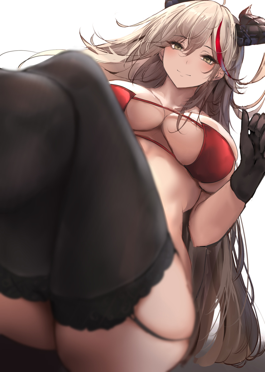 1girl aegir_(azur_lane) azur_lane bangs bikini black_garter_straps black_gloves black_thighhighs blush breasts closed_mouth commentary crossed_legs english_commentary from_below gloves grey_eyes grey_hair highres horns large_breasts liaowen long_hair looking_at_viewer looking_down multicolored_hair red_bikini red_hair sideboob smile solo streaked_hair swimsuit thighhighs thighs