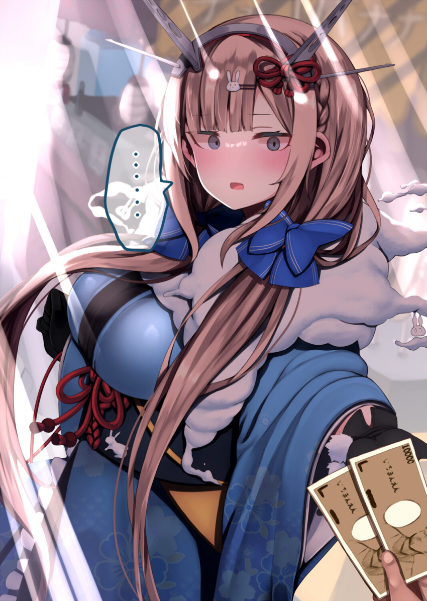 1girl alternate_costume atsutoku black_gloves blue_bow blue_eyes blue_kimono bow braid breasts fur_collar furisode gloves hair_bow hair_ornament headgear highres holding holding_money japanese_clothes kantai_collection kimono large_breasts light_brown_hair long_hair looking_at_viewer low_twintails maryland_(kancolle) money obi rabbit_hair_ornament sash side_braids solo_focus speech_bubble standing twintails wide_sleeves