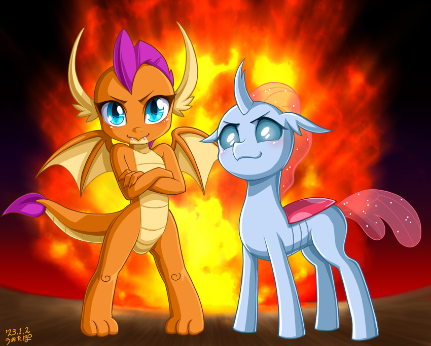 arthropod blue_body blue_eyes changeling crossed_arms dragon duo explosion friendship_is_magic hasbro horn membrane_(anatomy) membranous_wings my_little_pony ocellus_(mlp) orange_body orange_scales reformed_changeling scales smolder_(mlp) uotapo wings