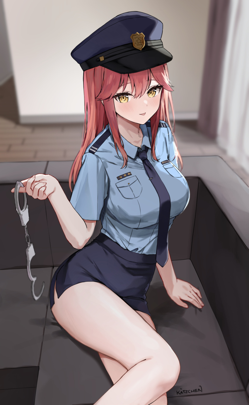 1girl :p arm_support artist_name bangs bare_legs black_skirt blue_headwear blue_shirt blurry blurry_background breast_pocket breasts closed_mouth collared_shirt couch cuffs depth_of_field hair_between_eyes handcuff_dangle handcuffs hat highres holding indoors kaetzchen large_breasts light_smile liliya_(kaetzchen) long_hair looking_at_viewer medium_breasts miniskirt necktie original peaked_cap pencil_skirt pocket police police_hat police_uniform policewoman red_hair shirt shirt_tucked_in short_sleeves side_slit sidelocks sitting skirt smile solo thighs tongue tongue_out uniform yellow_eyes
