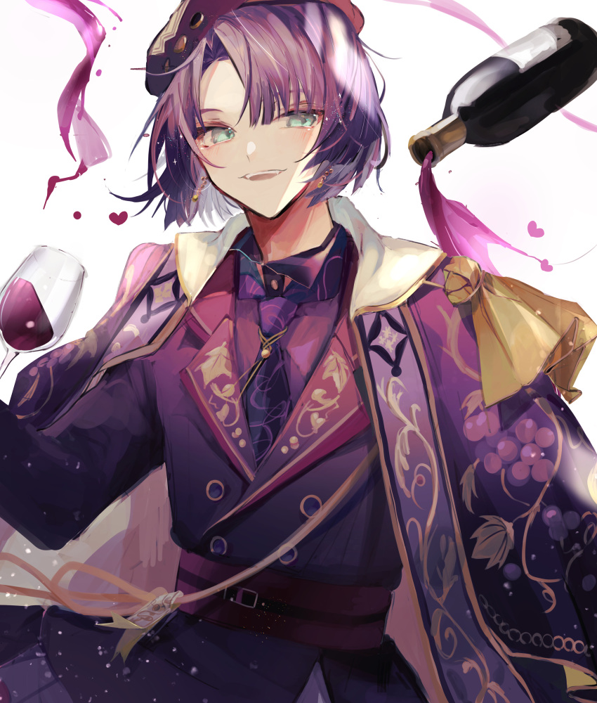 1boy absurdres alcohol aqua_eyes bangs belt beret blunt_bangs bottle cape collared_shirt cup curtained_hair drinking_glass earrings grape_print hat heart highres jacket jewelry leaf_print looking_at_viewer mahoutsukai_no_yakusoku male_focus murr_hart necktie parted_lips pouring purple_cape purple_hair purple_jacket purple_necktie purple_shirt shirt short_hair simple_background smile solo teeth u-sama_(u_summer0719) upper_body upper_teeth_only white_background wine wine_bottle wine_glass