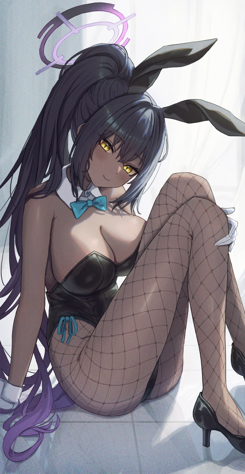 1girl absurdres animal_ears bare_shoulders black_hair black_leotard blue_archive blue_bow blue_bowtie blush bow bowtie breasts closed_mouth dark-skinned_female dark_skin detached_collar fishnet_pantyhose fishnets gloves gradient_hair halo high_heels high_ponytail highres icetea774 karin_(blue_archive) karin_(bunny)_(blue_archive) knees_up large_breasts leotard looking_at_viewer multicolored_hair pantyhose playboy_bunny rabbit_ears sitting smile solo thighs tile_floor tiles white_gloves wrist_cuffs yellow_eyes