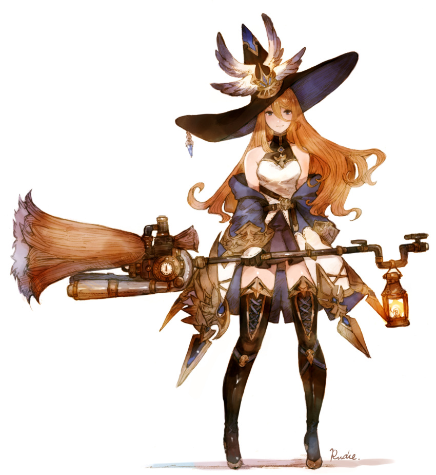 1girl absurdres black_gloves blue_eyes boots breasts broom brown_hair detached_sleeves full_body gloves hair_between_eyes hat highres long_hair looking_at_viewer medium_breasts original peppermint_jet solo steampunk thigh_boots white_background witch witch_hat
