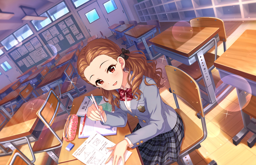 1girl blush bow bowtie braid braided_bangs brown_hair bulletin_board chair classroom desk dutch_angle eraser examination_paper forehead hair_bow idolmaster idolmaster_cinderella_girls idolmaster_cinderella_girls_starlight_stage indoors jacket lens_flare looking_at_viewer mechanical_pencil official_art open_clothes open_jacket pencil pencil_case plaid plaid_skirt pleated_skirt red_bow red_bowtie school_chair school_desk school_uniform seki_hiromi sitting skirt smile solo wavy_hair