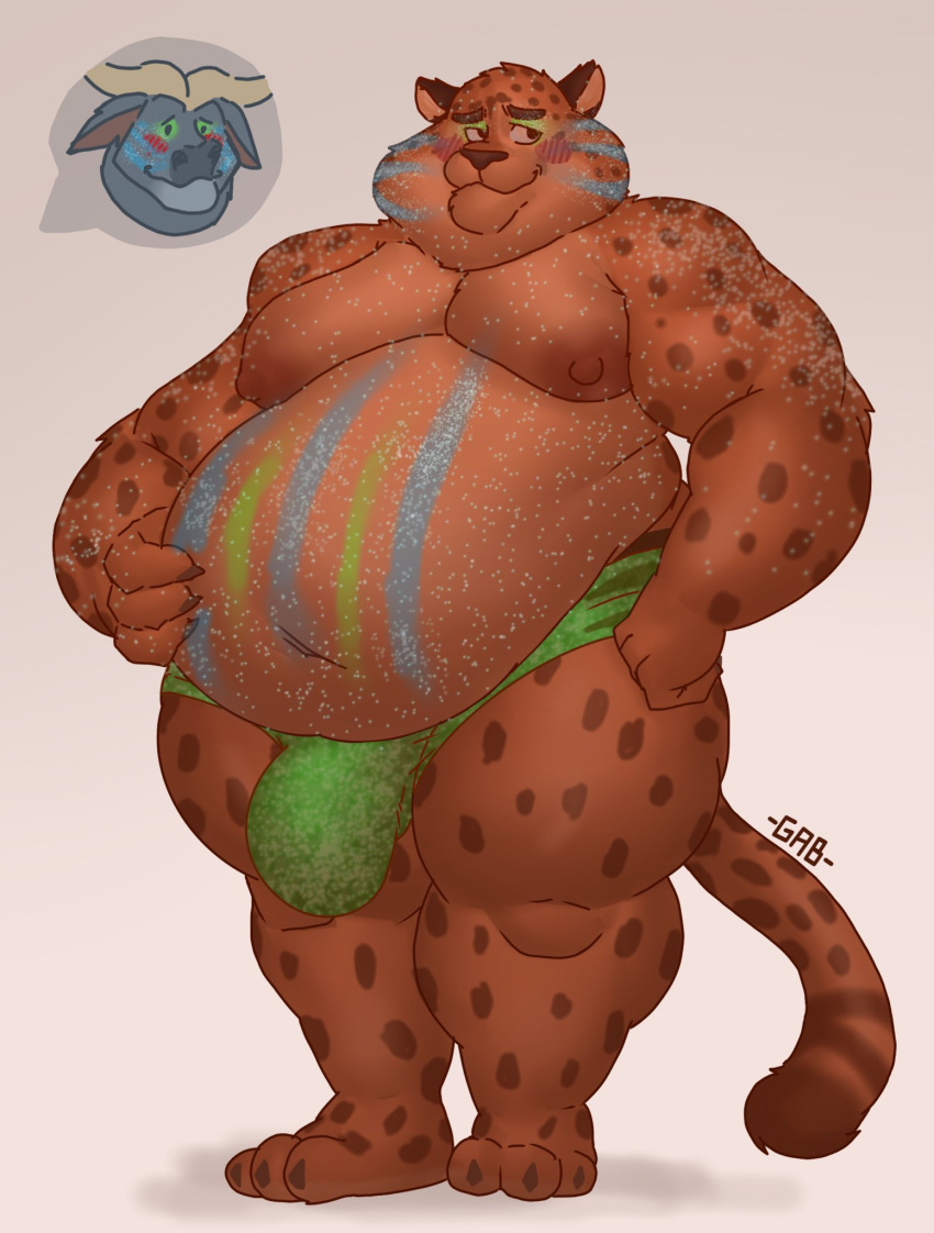 2022 anthro areola barazoku belly benjamin_clawhauser biped bodypaint bovid bovine bulge cheetah chief_bogo detailed_bulge disney duo felid feline gabgbb glitter hi_res horn male mammal nipples overweight overweight_anthro overweight_male solo true_buffalo water_buffalo zootopia zootopia+