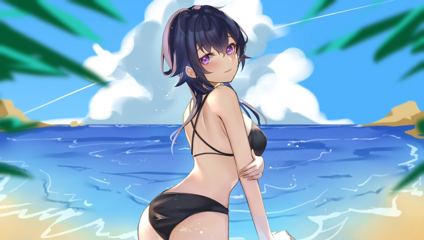 1girl bangs beach bikini black_bikini black_hair blue_hair blush commentary crossed_bangs gradient_hair highres holding_own_arm ichinose_uruha leaf looking_at_viewer looking_back lupinus_virtual_games multicolored_hair ocean plant purple_eyes ringozeri rock standing swimsuit symbol-only_commentary virtual_youtuber vspo! waves