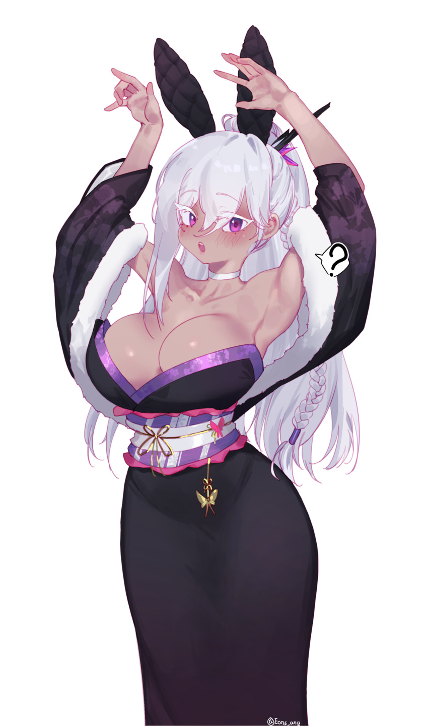 1girl ? animal_ears armpits arms_up braid breasts choker cleavage dark-skinned_female dark_skin eonsang fake_animal_ears fur-trimmed_sleeves fur_trim girls'_frontline girls'_frontline_2:_exilium high_ponytail highres japanese_clothes kimono large_breasts long_hair low_neckline nemesis_(girls'_frontline_2) obi open_mouth purple_eyes rabbit_ears sash single_braid white_background white_hair