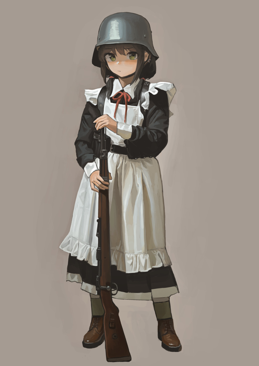 1girl absurdres apron bangs black_dress boots bow bowtie brown_footwear brown_hair closed_mouth collared_dress dress full_body garoppui green_eyes grey_background gun helmet highres holding holding_gun holding_weapon long_sleeves looking_at_viewer maid maid_apron medium_hair military_helmet original red_bow red_bowtie rifle short_twintails solo standing twintails weapon
