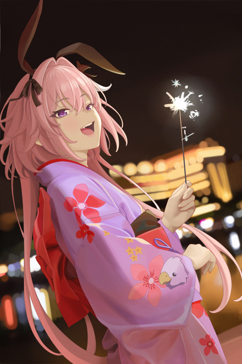 1boy absurdres astolfo_(fate) bangs blush braid braided_ponytail fate/apocrypha fate_(series) hair_intakes hair_ribbon highres japanese_clothes kimono long_hair long_sleeves looking_at_viewer multicolored_hair open_mouth otoko_no_ko pink_hair purple_eyes purple_kimono quatthro ribbon smile solo streaked_hair white_hair wide_sleeves