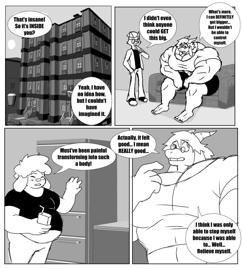 absurd_res anthro apartment big_muscles bottomwear bovid canid canine caprine clothing dex_(parttimeyeen) dialogue eyewear felid feline footwear furniture gabriel_(parttimeyeen) glasses goat group hat headgear headwear hi_res horn huge_muscles hyper hyper_muscles juice_(parttimeyeen) juice_box male mammal muscular muscular_anthro muscular_arms muscular_legs muscular_male muscular_thighs overweight overweight_male pants parttimeyeen_(artist) shirt shoes shorts sofa tight_clothing topwear trio