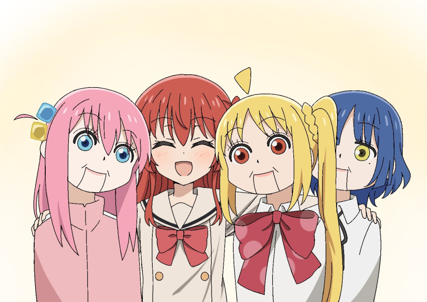 4girls ^_^ ^o^ blonde_hair blue_eyes blue_hair blush bocchi_the_rock! bow closed_eyes gotou_hitori happy ijichi_nijika jacket kita_ikuyo looking_back multiple_girls open_mouth pink_hair puppet red_bow red_eyes red_hair school_uniform smile track_jacket yamada_ryou yellow_eyes