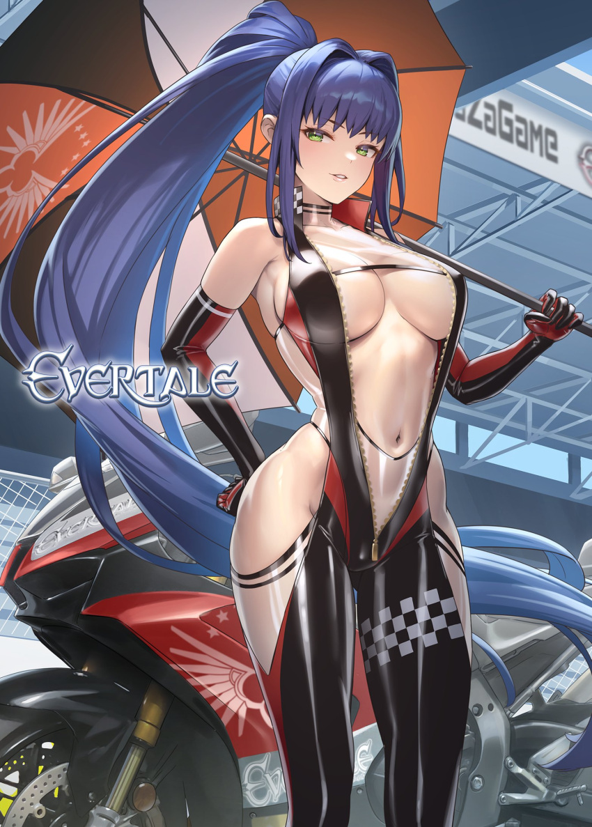 1girl alternate_costume bangs bare_shoulders blue_hair breasts cleavage clothing_cutout commentary_request copyright_name cuboon elbow_gloves evertale gloves green_eyes ground_vehicle hand_on_hip high_ponytail highres holding large_breasts lips logo long_hair looking_at_viewer ludmilla motor_vehicle motorcycle navel official_art ponytail race_queen revealing_clothes shiny shiny_clothes shiny_hair shiny_skin simple_background skin_tight sleeveless smile solo stomach thigh_cutout umbrella zipper zipper_pull_tab