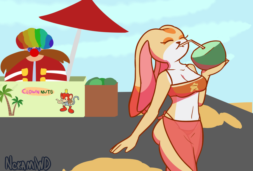 adventures_of_sonic_the_hedgehog aged_up anthro big_breasts big_butt bikini breasts butt clothing coconut coconuts_(adventures_of_sonic_the_hedgehog) cream_the_rabbit dr._eggman drinking drupe_(fruit) female food fruit hi_res holding_food holding_object male nokamiwd plant sega smile solo_focus sonic_the_hedgehog_(series) swimwear