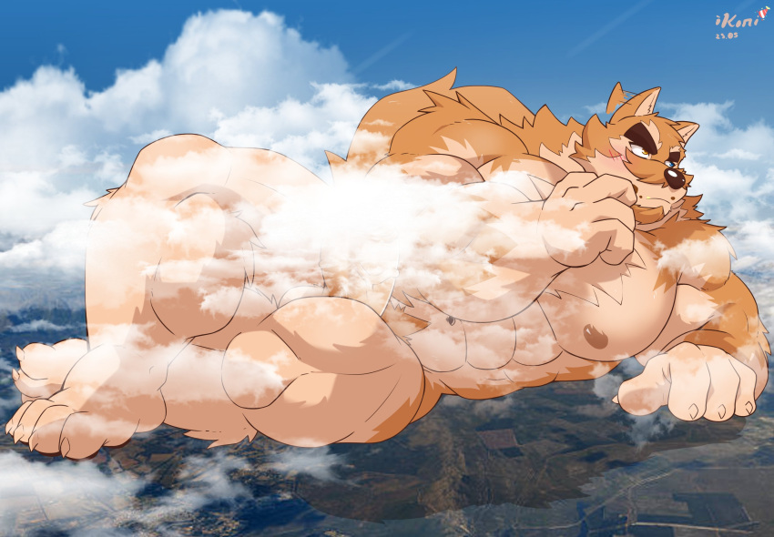 4_toes abs akita akita_inu anthro big_muscles canid canine canis cloud domestic_dog earth eyebrows feet fur giga hi_res huge_muscles lying macro male mammal muscular muscular_anthro muscular_male nipples oinu_kori on_side orange_body orange_fur pecs quads sea sky solo spitz thick_eyebrows toes water