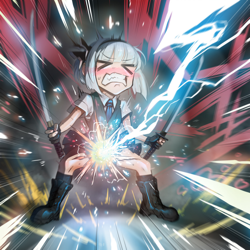 &gt;_&lt; 1girl blush boots clenched_teeth closed_eyes commentary_request dual_wielding fingerless_gloves gloves green_vest grey_hair hairband highres holding holding_sword holding_weapon imizu_(nitro_unknown) konpaku_youmu lightning necktie parody pleated_skirt shirt short_sleeves skirt solo standing sweatdrop sword teeth touhou vest weapon white_shirt