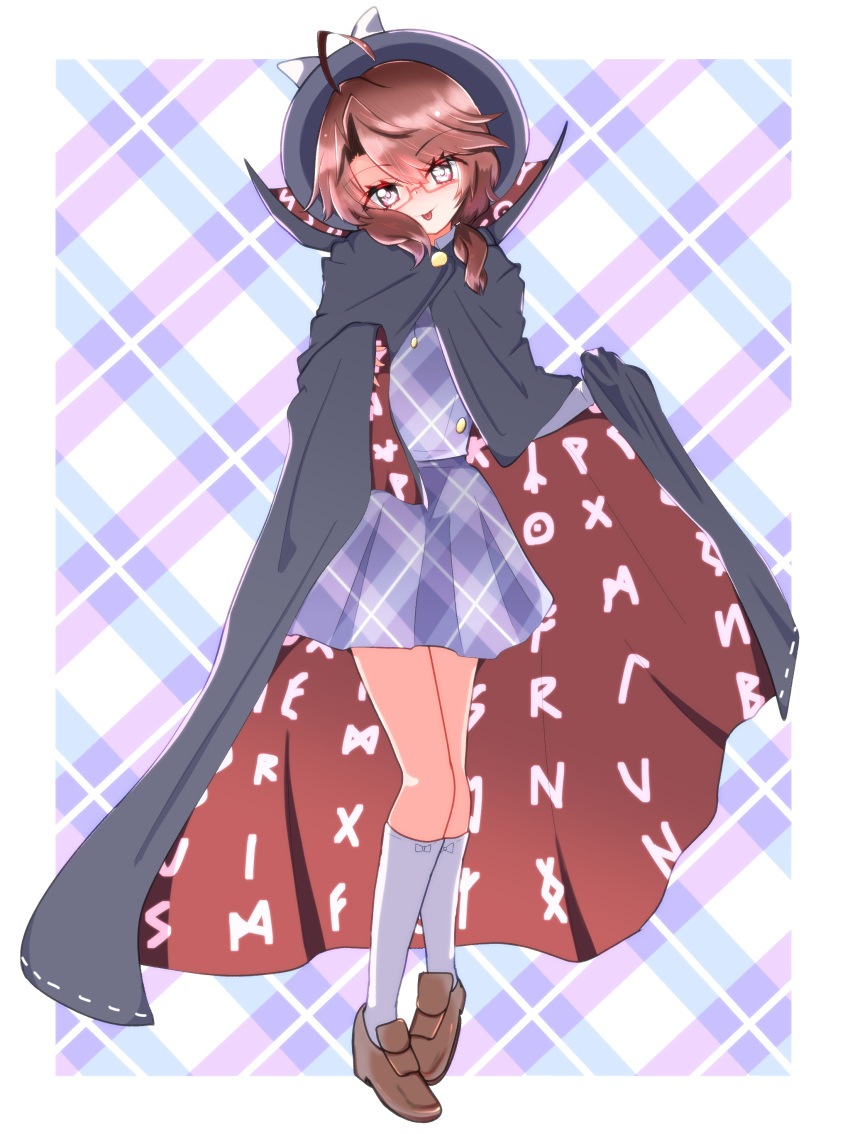 1girl absurdres bone_vone brown_eyes brown_hair cape fedora glasses hat highres long_sleeves looking_at_viewer plaid plaid_background ribbon shoes skirt solo touhou twintails usami_sumireko vest