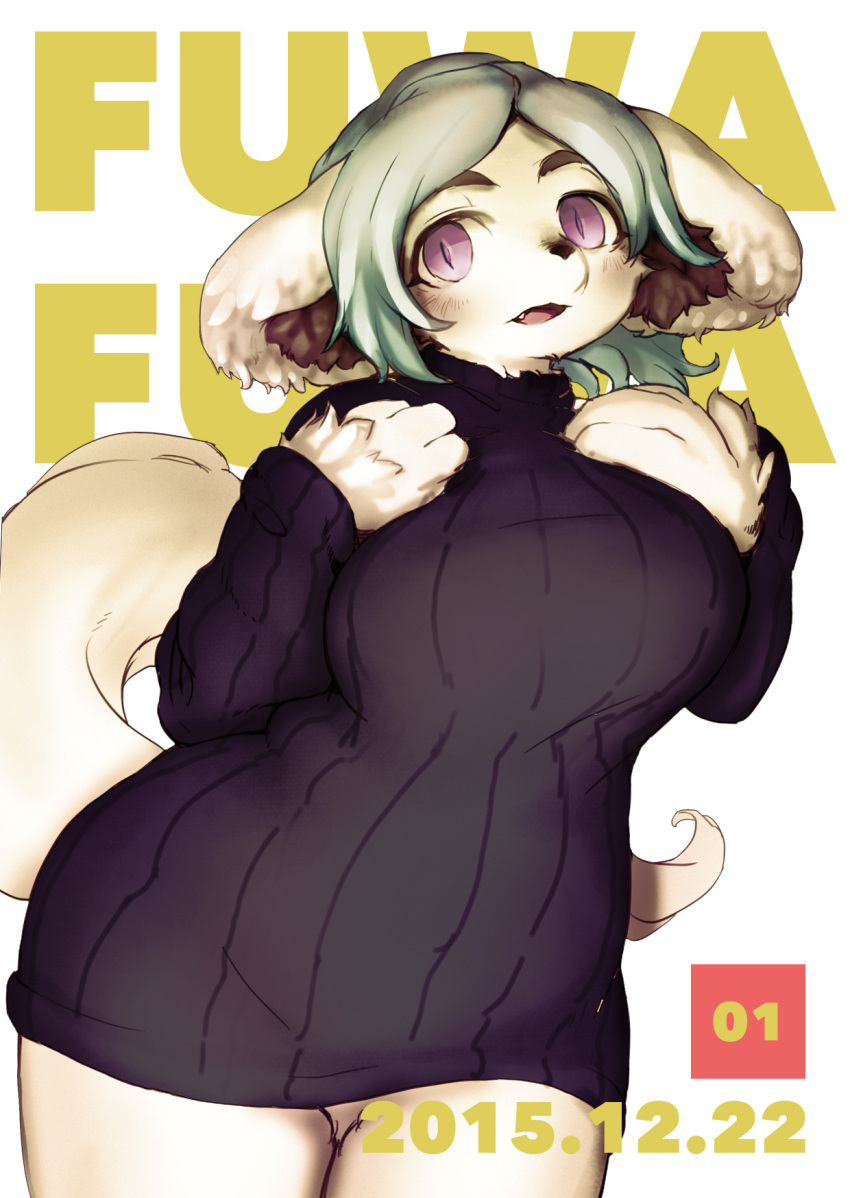 anthro canid canine canis clothing domestic_dog female floppy_ears fluffy_ears fur fuzisawa grey_hair hair hi_res long_ears long_tail mammal purple_eyes solo sweater tail topwear white_body white_fur