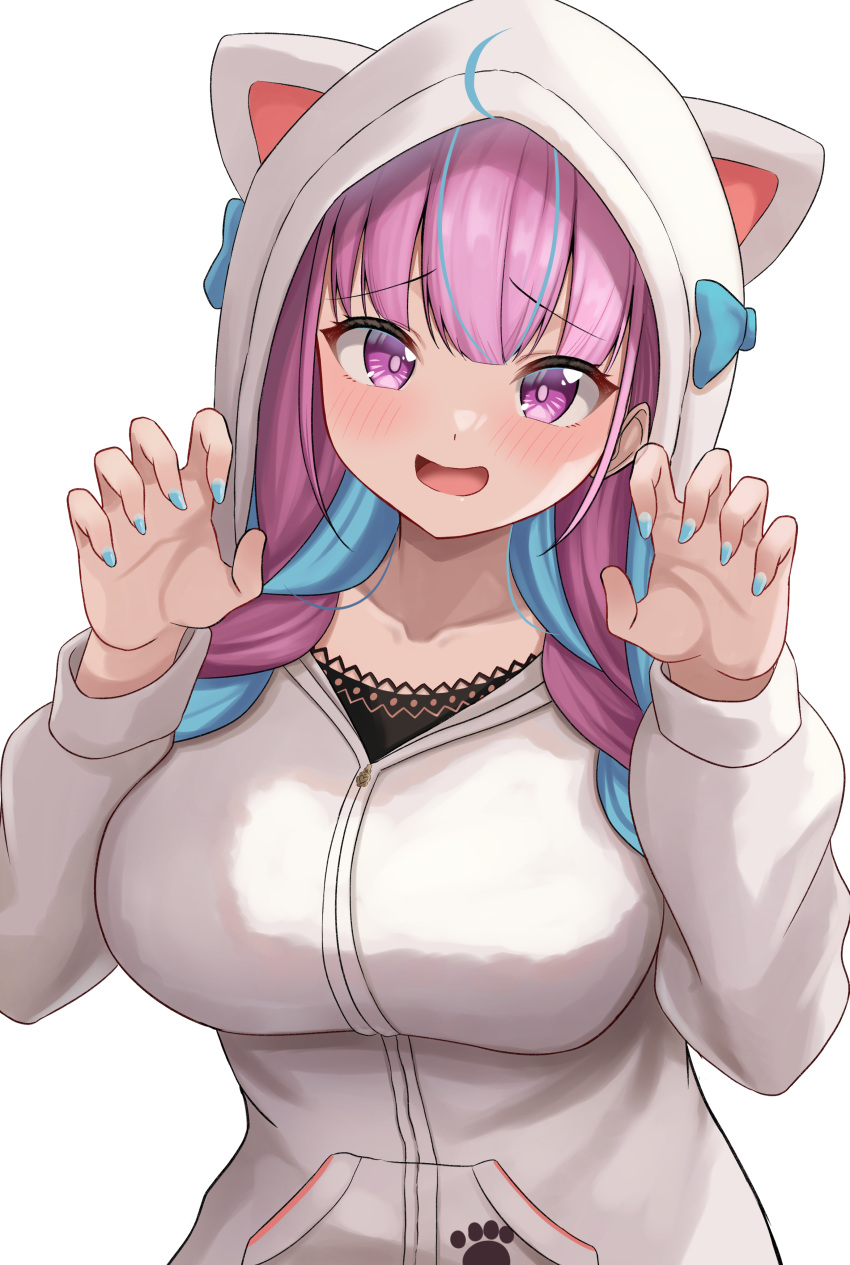 1girl 9696k absurdres ahoge animal_hood bangs black_shirt blue_hair blue_nails blush braid breasts cat_hood claw_pose collarbone colored_inner_hair dyed_ahoge fingernails highres hololive hood hoodie lace-trimmed_shirt lace_trim large_breasts light_blue_hair long_hair long_sleeves looking_at_viewer minato_aqua multicolored_hair nail_polish nervous_smile open_mouth paw_print purple_eyes purple_hair shirt simple_background sleeves_past_wrists smile solo streaked_hair twin_braids twintails two-tone_hair upper_body virtual_youtuber white_background white_hood white_hoodie