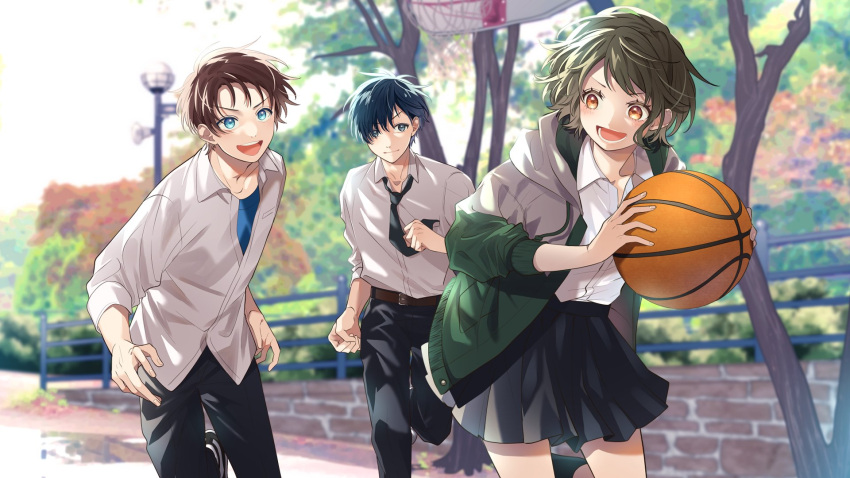 1girl 2boys ball bangs basketball blue_eyes blue_hair brown_eyes brown_hair eyebrows_hidden_by_hair green_hair hair_between_eyes hair_over_one_eye highres holding holding_ball looking_at_another multiple_boys necktie open_mouth original outdoors school_uniform shirt short_hair skirt smile touka_moru04 white_shirt