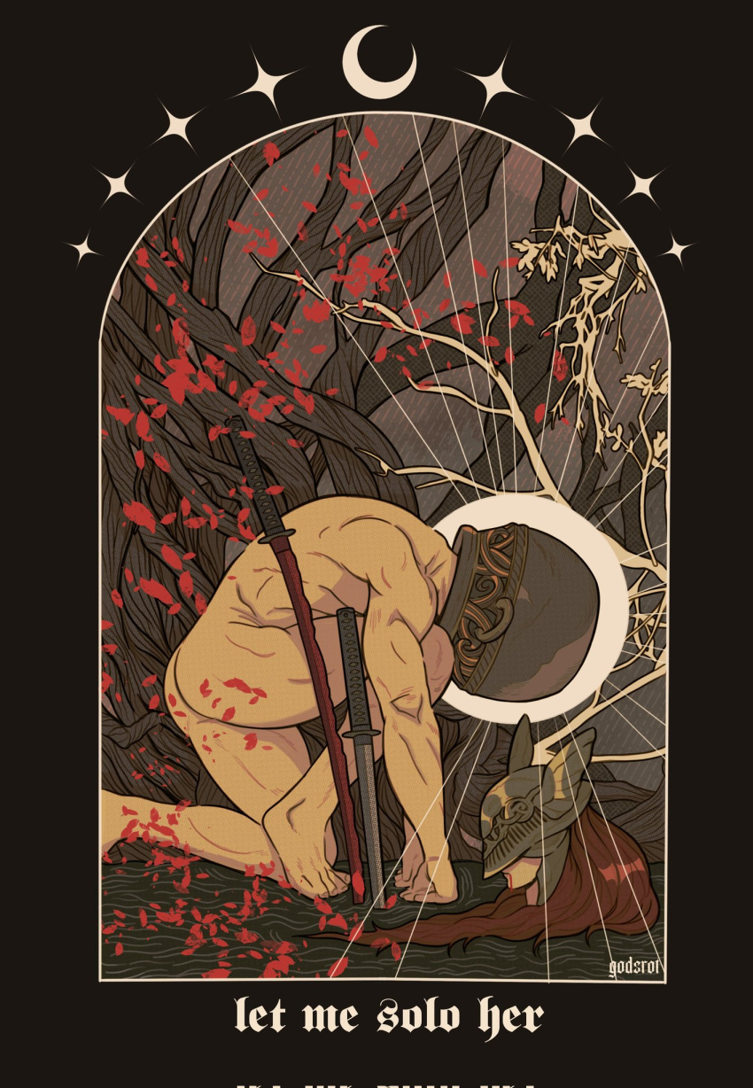 1boy 1girl ass bare_tree character_request completely_nude crescent death decapitation dilfborne_(ventiskull) elden_ring english_text falling_petals from_side helmet highres male_focus nude one_knee petals planted planted_sword solo_focus sword toned toned_male tree weapon