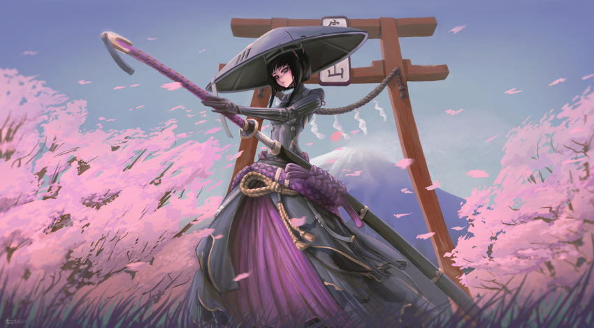 1girl absurdres black_hair borrowed_character cherry_blossoms closed_mouth cyborg falslander freiherr grass hat highres jingasa katana ootachi petals purple_eyes ronin_(neco) samurai scabbard science_fiction sheath short_hair solo standing sword torii tsurime weapon wind