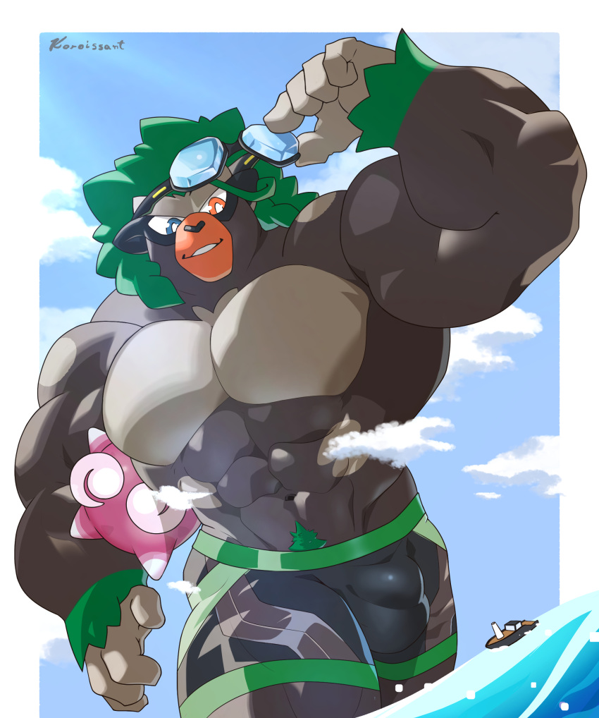 abs absurd_res anthro biceps big_muscles black_clothing black_speedo black_swimwear bulge clothed clothing cloud generation_8_pokemon green_eyes green_hair grey_body grey_skin hair hi_res huge_muscles looking_down macro male muscular muscular_anthro muscular_male nintendo oinu_kori pecs pokemon pokemon_(species) rillaboom sea ship sky solo speedo speedo_only swimming_goggles swimwear topless vehicle walking water watercraft