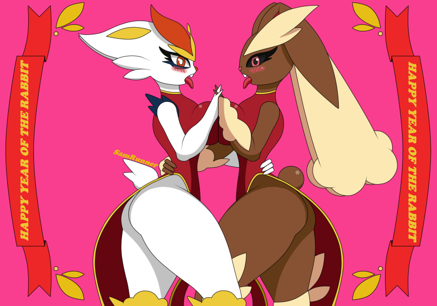 anthro big_breasts big_butt breasts butt cinderace clothed clothing duo female generation_4_pokemon generation_8_pokemon hi_res lagomorph legwear leporid looking_at_viewer lopunny mammal nintendo pokemon pokemon_(species) rabbit samrunner thick_thighs thigh_highs