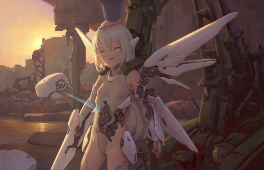 1girl bigrbear blonde_hair blue_eyes breasts commentary_request evening grey_leotard headgear highres leotard long_hair looking_at_viewer mecha_musume mechanical_wings open_mouth original outdoors petting robot small_breasts smile solo_focus sunset white_hair wings