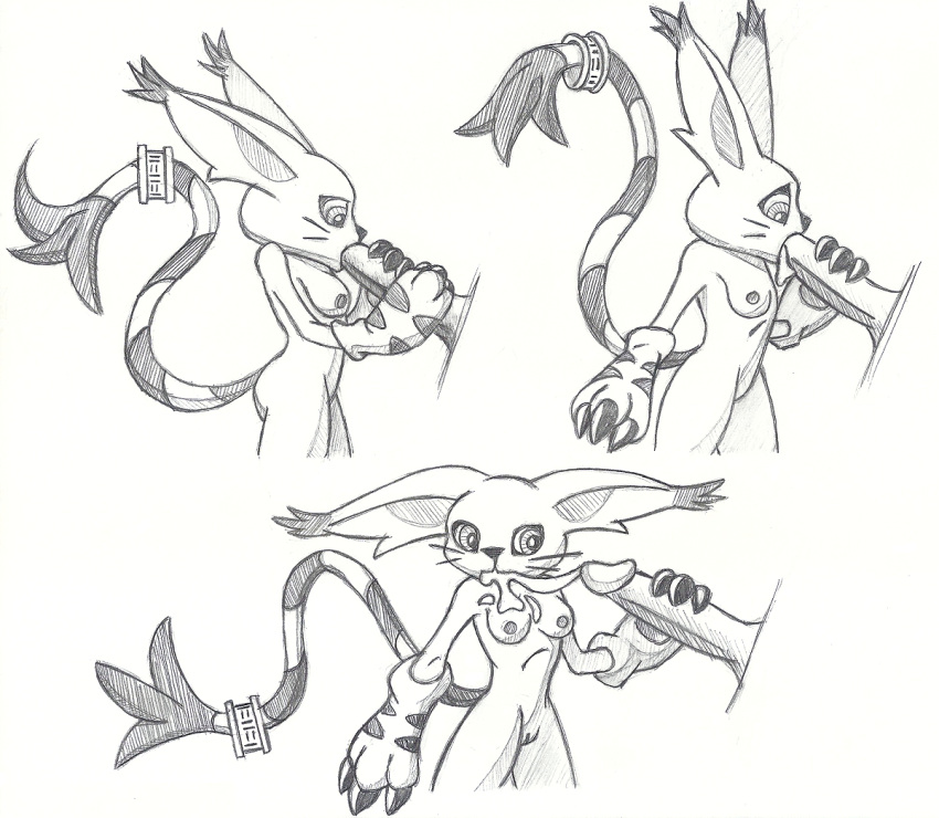 ambiguous_species anthro bandai_namco big_ears bodily_fluids breasts claws cum cum_in_mouth cum_inside cum_on_breasts digimon digimon_(species) dogwash duo fellatio female gatomon genital_fluids genitals graphite_(artwork) male male/female markings nipples oral pencil_(artwork) penile penis pussy sex striped_markings striped_tail stripes surprised_expression tail tail_markings traditional_media_(artwork)