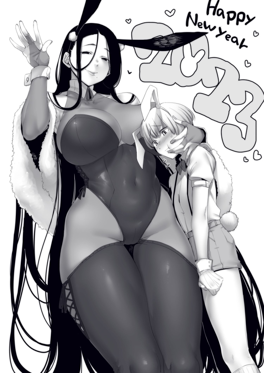 1boy 1girl 2023 age_difference animal_ears bare_shoulders black_leotard bow bowtie breasts commentary commentary_request covered_navel detached_collar fake_animal_ears fishnet_pantyhose fishnet_thighhighs fishnets greyscale happy_new_year heart hetero highres large_breasts leotard long_hair monochrome nakamura_regura onee-shota original pantyhose playboy_bunny rabbit_ears rabbit_tail shorts strapless strapless_leotard tail thighhighs