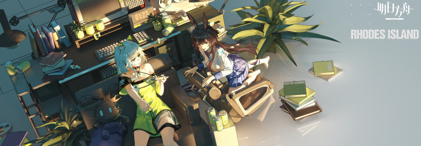 2girls absurdres amiya_(arknights) animal_ear_fluff animal_ears arknights armchair barefoot blue_eyes blue_skirt book book_stack brown_hair can cat_ears chair chinese_commentary clock commentary controller copyright_name desk_lamp digital_clock drawer dress film_reel green_dress green_eyes hair_between_eyes highres holding holding_controller indoors kal'tsit_(arknights) keyboard_(computer) lamp leleyoukuailele long_hair long_sleeves looking_at_viewer lower_teeth_only medium_hair monitor multiple_girls off-shoulder_dress off_shoulder on_chair open_mouth oripathy_lesion_(arknights) plant pleated_skirt ponytail potted_plant rabbit_ears shirt sidelocks sitting skirt sleeve_cuffs stuffed_animal stuffed_bunny stuffed_toy table teeth white_hair white_shirt