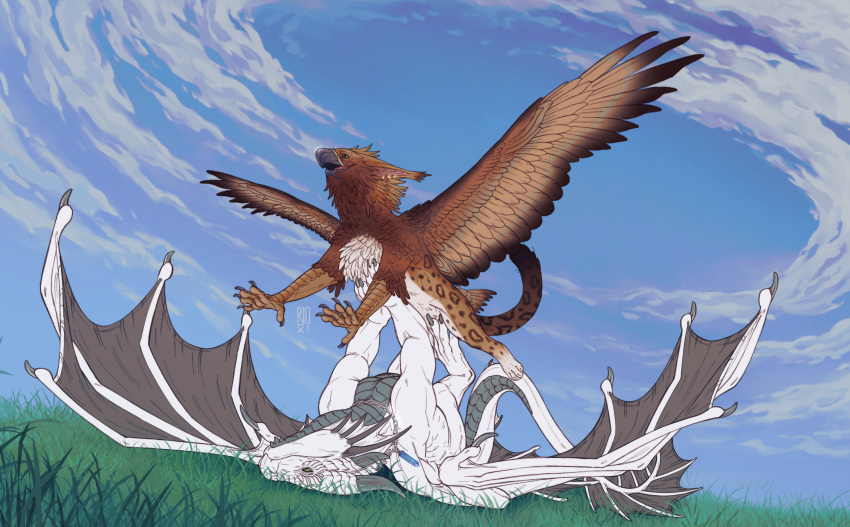 absurd_res ambiguous_gender avian beak black_sclera blue_sky brown_body brown_eyes brown_feathers brown_wings cheek_frill cloud dragon duo ear_piercing ear_ring ears_back feathers feral grass green_eyes grey_beak grey_body grey_scales grey_wings gryphon happy head_tuft hi_res lying mouth_closed mythological_avian mythology on_back on_top open_mouth open_smile piercing pivoted_ears plant ring_piercing riorix scales scalie sky smile spotted_legs spread_wings tan_body tan_feathers tan_wings tuft white_frill wings