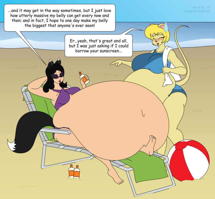 &copy; 2015 animal_humanoid anthro ball beach beach_ball belly big_belly big_breasts bikini black_hair blonde_hair blush bodily_fluids bottle breasts canid canid_humanoid canine canine_humanoid chair clothing container diane_(hnm124) digital_media_(artwork) dog_humanoid duo english_text eyes_closed eyewear female furniture hair humanoid hyper hyper_belly inflatable mammal mammal_humanoid mouse murid murine navel open_mouth rodent sand satsumalord seaside speech_bubble stuffing sunglasses sunscreen sweat sweatdrop swimwear symbol tanya_(satsumalord) text towel water